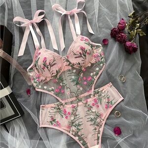 Pink Floral Embroidered Mesh Bodysuit Teddy